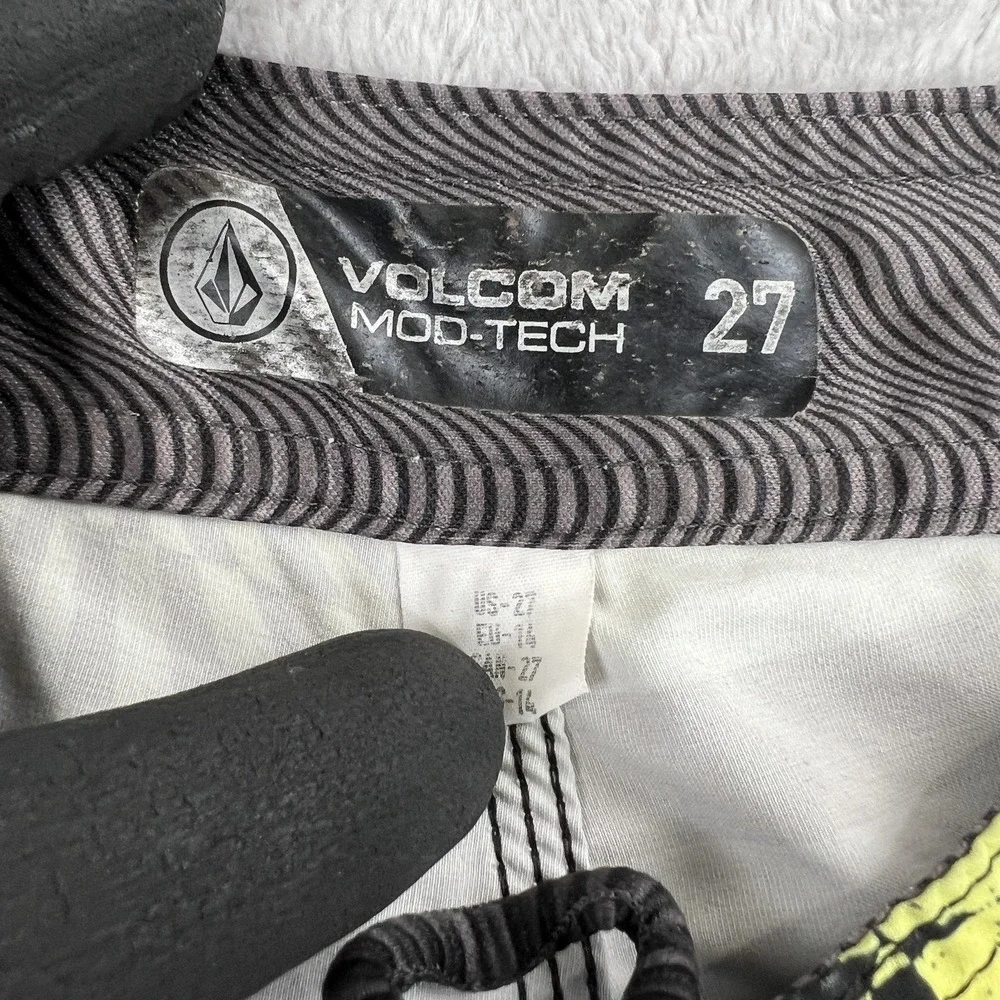 Volcom Mod-Tech Board Shorts 27 Yellow Blue Geometric Surf Swim Trunks Womens